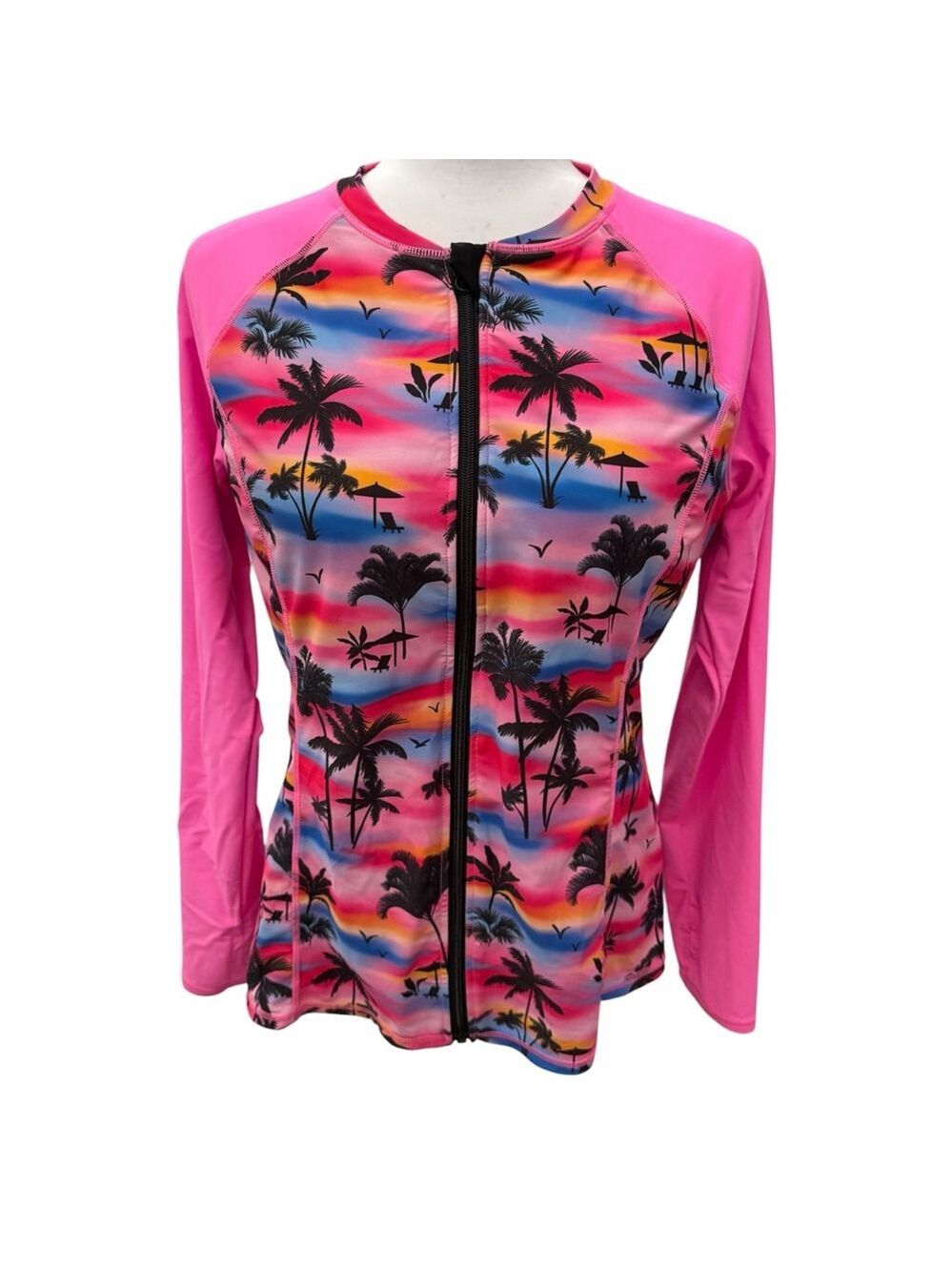 Grace Karin Tropical Palm Print Zip Front Rash Guard Top Built-In Bra Size L - Picture 2 of 5
